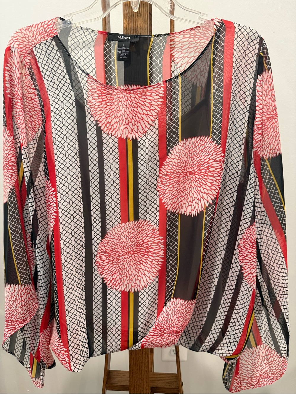 Alfani Coral and Black Sheer Floral-Stripe Blouse